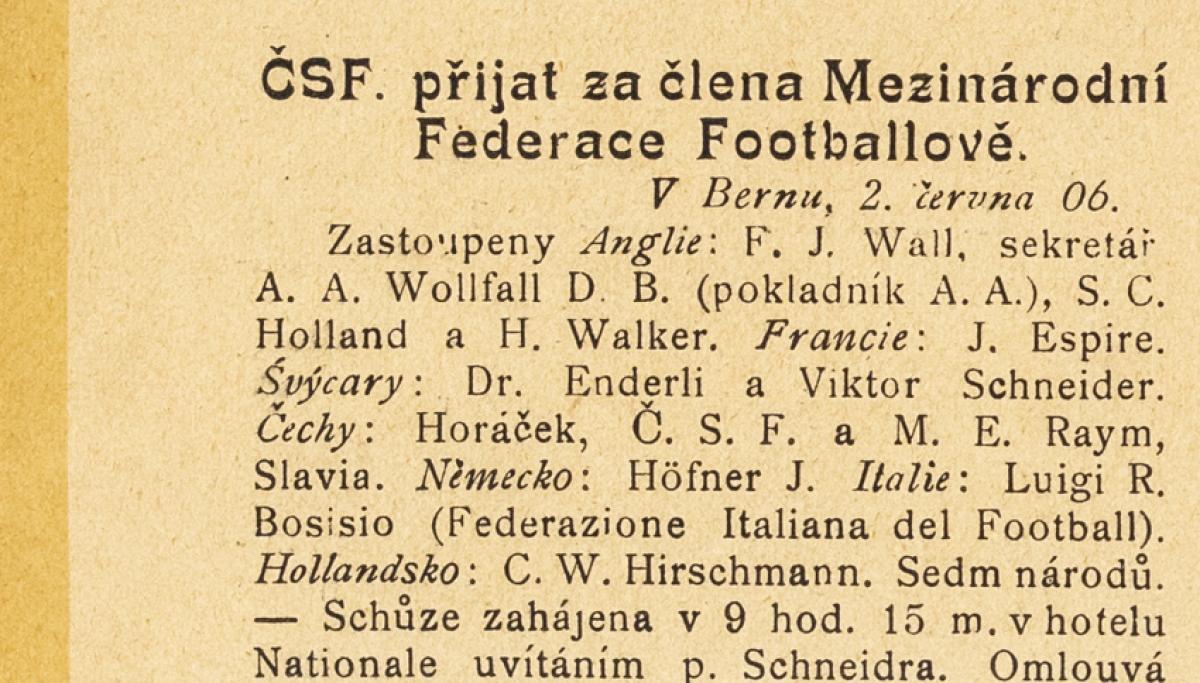 ČSF přijat za člena Mezinárodní Federace Footbalové (1906)